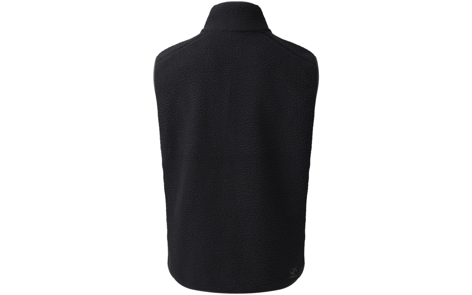 Schwarze Fleece-Weste, Rückansicht, Stehkragen, ärmellos, strukturierte Oberfläche, kleines Logo unten rechts