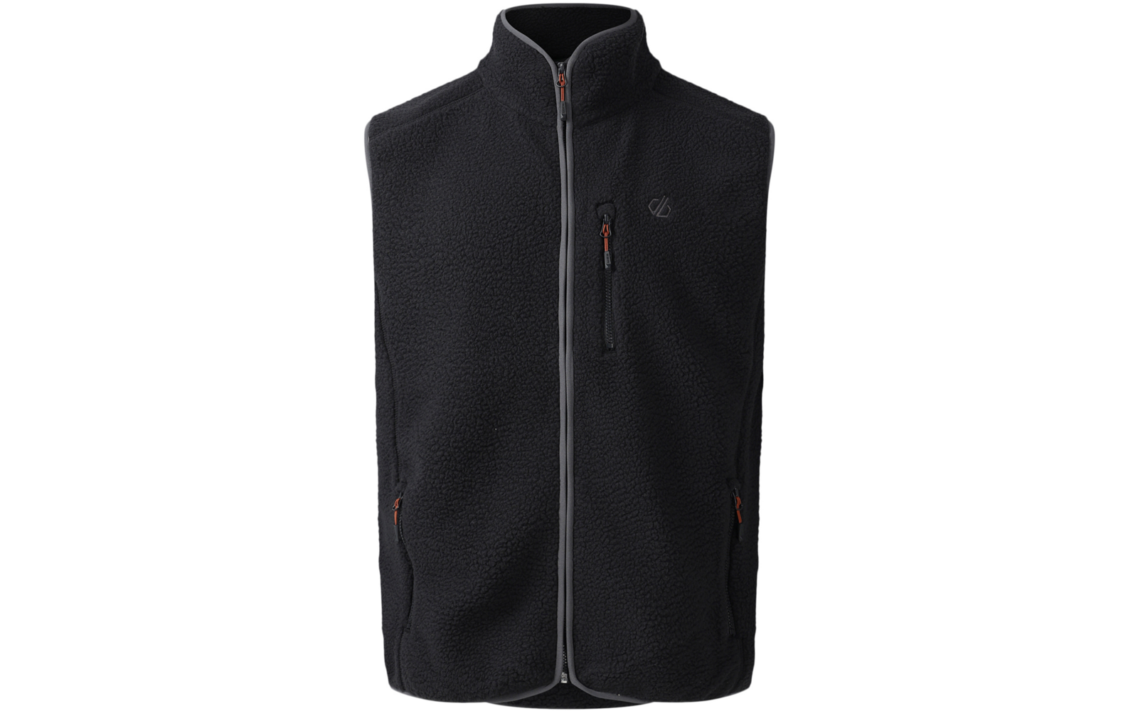 Schwarze Fleeceweste mit Stehkragen, durchgehendem Reißverschluss, linker Brusttasche mit Reißverschluss und zwei Seitentaschen mit orangefarbenen Zippern, kleines Logo auf linker Brust