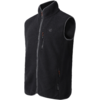 Schwarze Fleeceweste mit Stehkragen, durchgehendem Reißverschluss, einer Brusttasche und zwei seitlichen Reißverschlusstaschen, kleines Logo auf der linken Brust