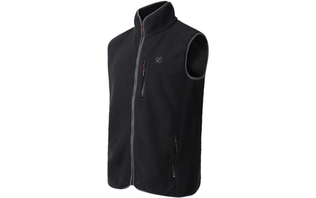 Schwarze Fleeceweste mit Stehkragen, durchgehendem Reißverschluss, einer Brusttasche und zwei seitlichen Reißverschlusstaschen, kleines Logo auf der linken Brust