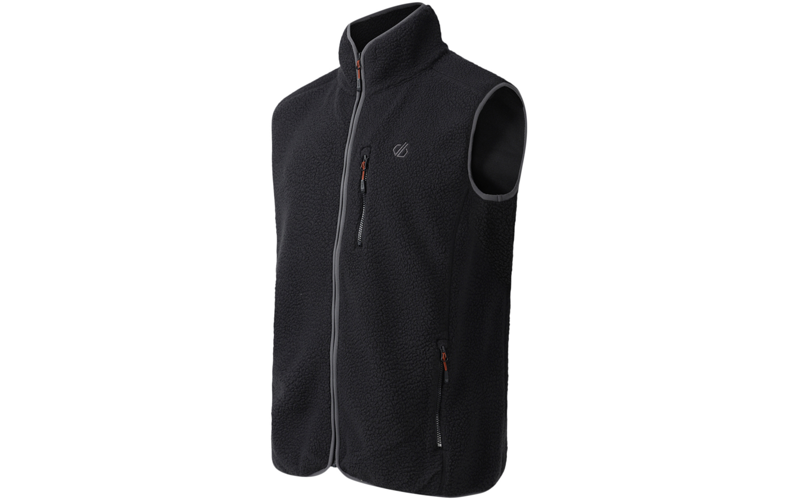 Schwarze Fleeceweste mit Stehkragen, durchgehendem Reißverschluss, einer Brusttasche und zwei seitlichen Reißverschlusstaschen, kleines Logo auf der linken Brust