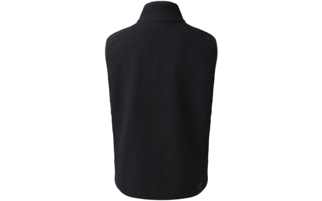 Schwarze Fleece-Weste, Rückansicht, Stehkragen, ärmellos, strukturierte Oberfläche, kleines Logo unten rechts