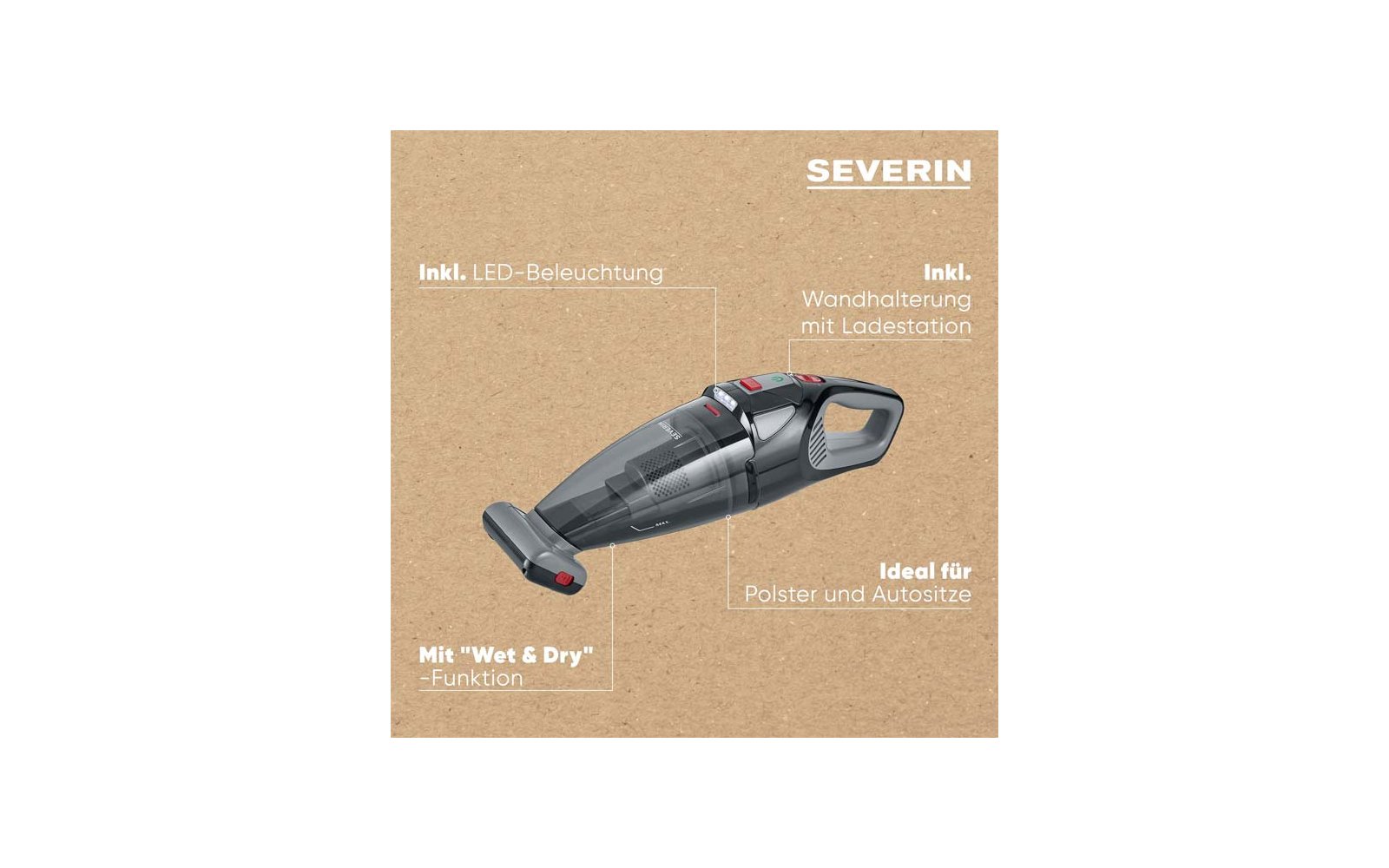 Product afbeelding Severin HV 7147 Akku-Handstaubsauger mit Kombi-Zubeh&ouml;r inkl. Wandhalterung und Tasche 1