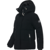Schwarze, gesteppte Winterjacke mit Kapuze, Reißverschluss, seitlichen Taschen und Logopatch am Ärmel