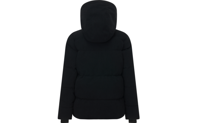 Rückansicht einer schwarzen, gepolsterten Steppjacke mit Kapuze