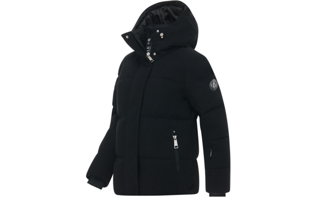 Schwarze, gesteppte Winterjacke mit Kapuze, Reißverschluss, seitlichen Taschen und Logopatch am Ärmel