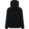 Rückansicht einer schwarzen, gepolsterten Steppjacke mit Kapuze