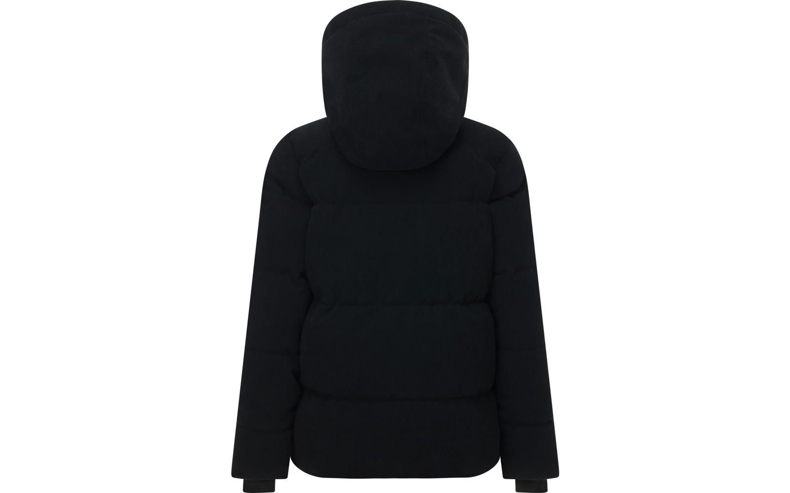 Rückansicht einer schwarzen, gepolsterten Steppjacke mit Kapuze