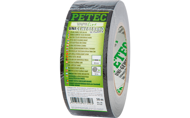 Rolle schwarzes Gewebeband mit grünem PETEC-Label und Produktangaben