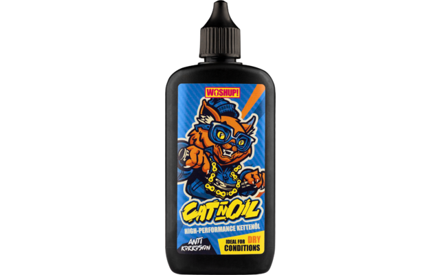Schwarze Flasche mit blauem Etikett und Illustration einer Katze, die eine Sonnenbrille trägt