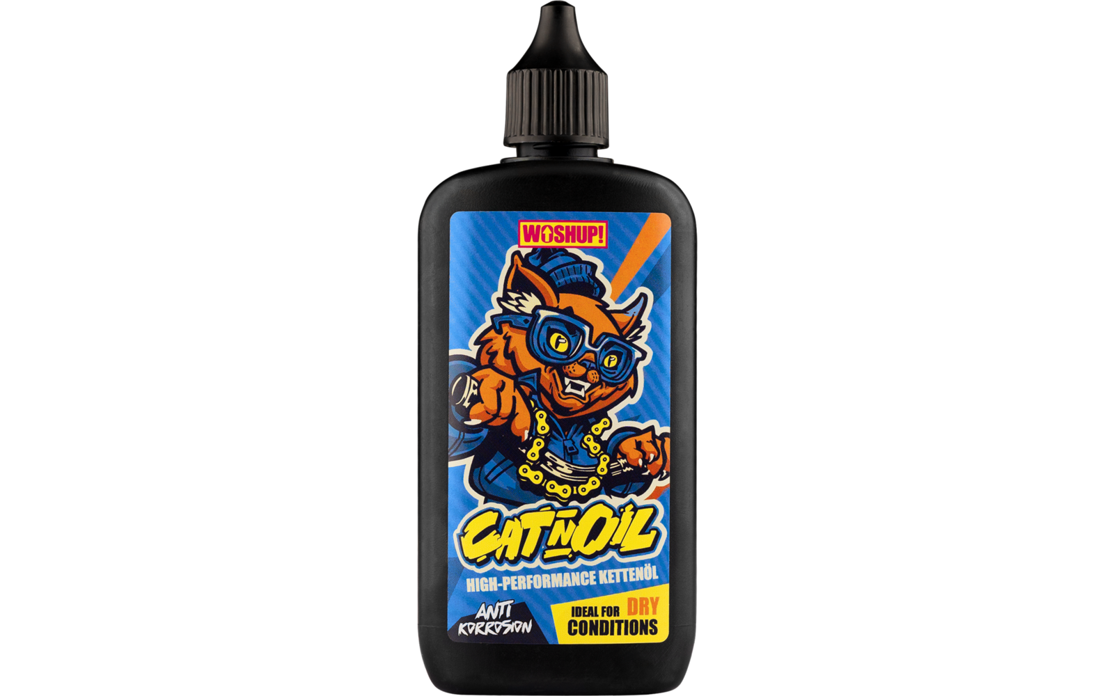 Schwarze Flasche mit blauem Etikett und Illustration einer Katze, die eine Sonnenbrille trägt