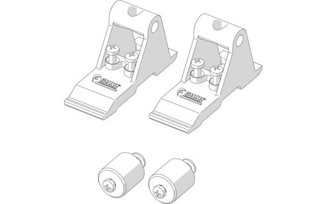 Zwei identische metallische Halter, jeweils mit zwei sichtbaren Schrauben; darunter zwei zylindrische Metallhülsen mit sichtbaren Schraubenköpfen