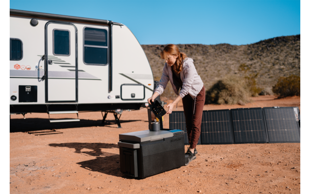 Frau richtet Solarpanel neben Wohnmobil in sonniger Umgebung ein