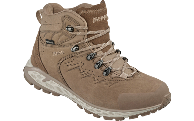 Zapato de senderismo beige con cordones y suela gris, vista lateral