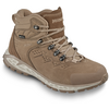 Beiger Wanderschuh mit Schnürsenkeln und grauer Sohle, seitliche Ansicht