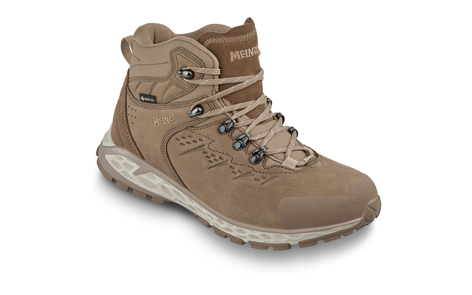 Beiger Wanderschuh mit Schnürsenkeln und grauer Sohle, seitliche Ansicht