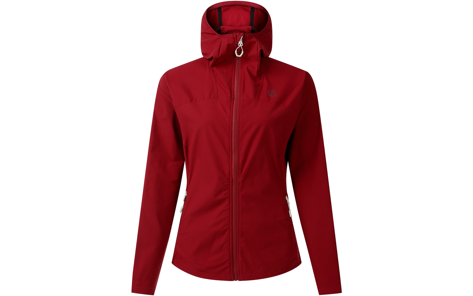 Rode getailleerde jas met capuchon, rits aan de voorkant en twee zijwaartse ritszakken