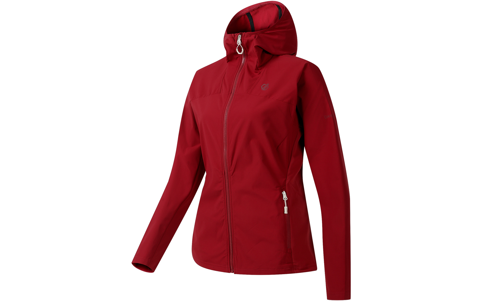 Rode capuchonjas met volledige ritssluiting aan de voorkant, één ritssluitings-zijzak, lange mouwen, zichtbare ronde ritsklippers en klein merklogo op borst en mouw