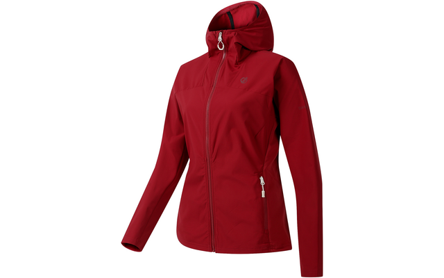 Rode capuchonjas met volledige ritssluiting aan de voorkant, twee ritssluitbare zakken en klein borstlogo, lange mouwen, getailleerde pasvorm op witte achtergrond