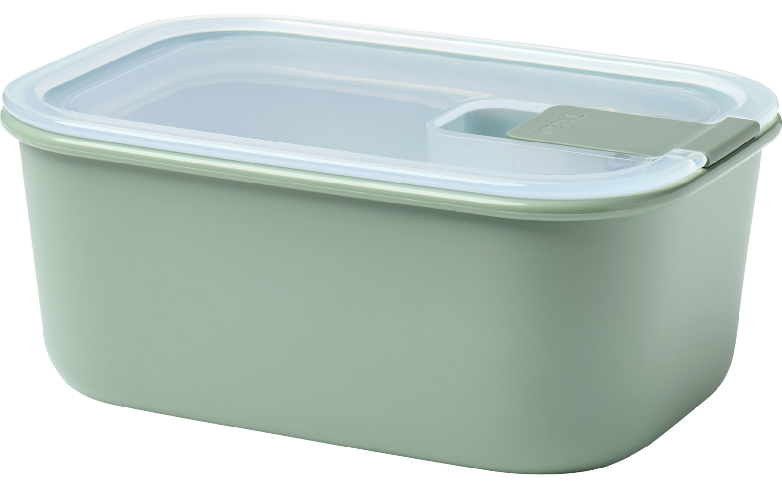 Rechteckige hellgrüne Kunststoff-Aufbewahrungsbox mit transparentem Deckel und kleinem Verschluss am Deckelrand