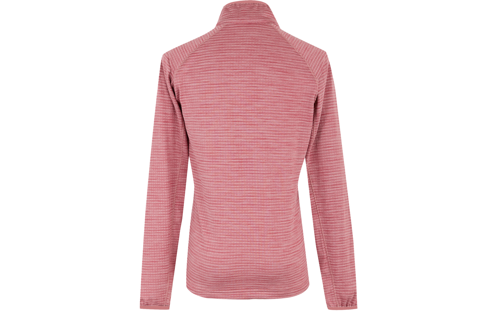 Rückansicht einer langen, rosafarbenen Strickjacke mit Stehkragen