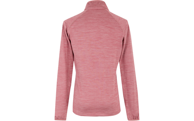 Rückansicht einer langen, rosafarbenen Strickjacke mit Stehkragen