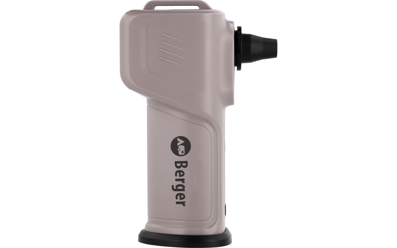 Beige-pink handheld object with rounded rectangular body; black round base; black cylindrical nozzle on the right; top handle opening; diagonal grooves on the upper front; black "Berger" logo and text on the front
