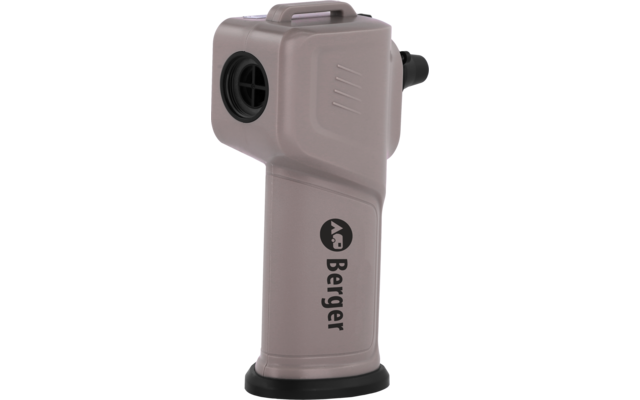 Beige-gray handheld device with a round side opening, handle, and black "Berger" logo