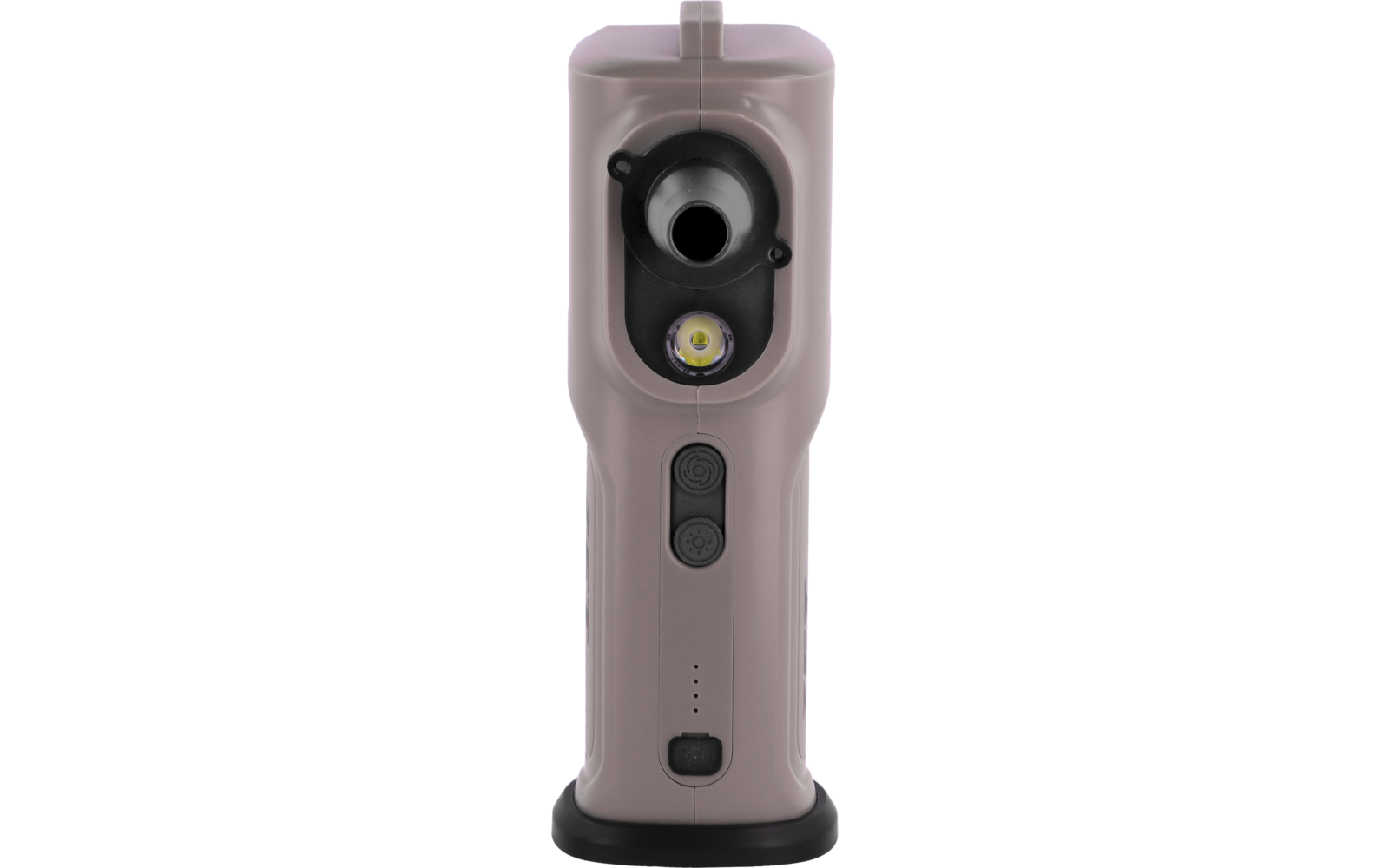Front view of a rose-colored handheld device with a round black outlet at the top, a smaller round opening below, a yellow-lit circular element, two round buttons, three status LEDs and a black base