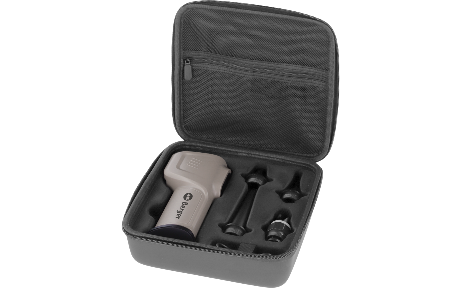 Open gray hard case with zipper; lid has a mesh pocket and a foam insert with cutouts holding a light gray handheld device and three black attachments
