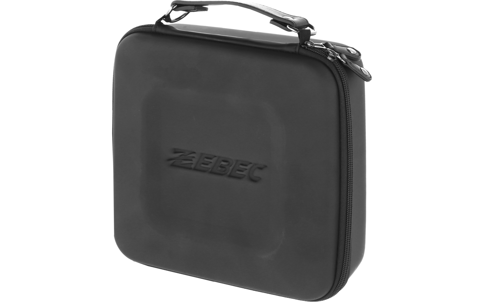 Square black case with zipper, handle, and embossed "ZEBEC" text