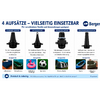 Graphic with the headline 4 AUFSÄTZE - VIELSEITIG EINSETZBAR, four black nozzle attachments side by side with blue labels; below are small photos of an air mattress, inflatable pool toys (flamingo and ring), a sports ball, and a kayak with an inflatable boat; blue logo at top right
