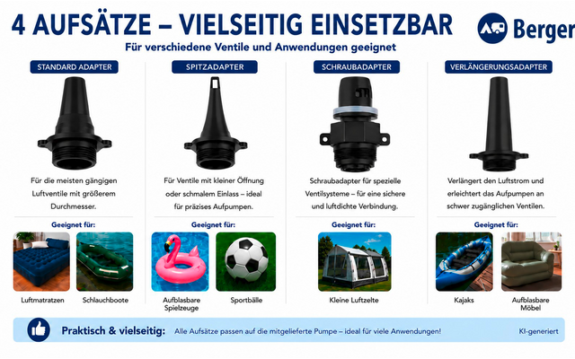 Graphic with the headline 4 AUFSÄTZE - VIELSEITIG EINSETZBAR, four black nozzle attachments side by side with blue labels; below are small photos of an air mattress, inflatable pool toys (flamingo and ring), a sports ball, and a kayak with an inflatable boat; blue logo at top right