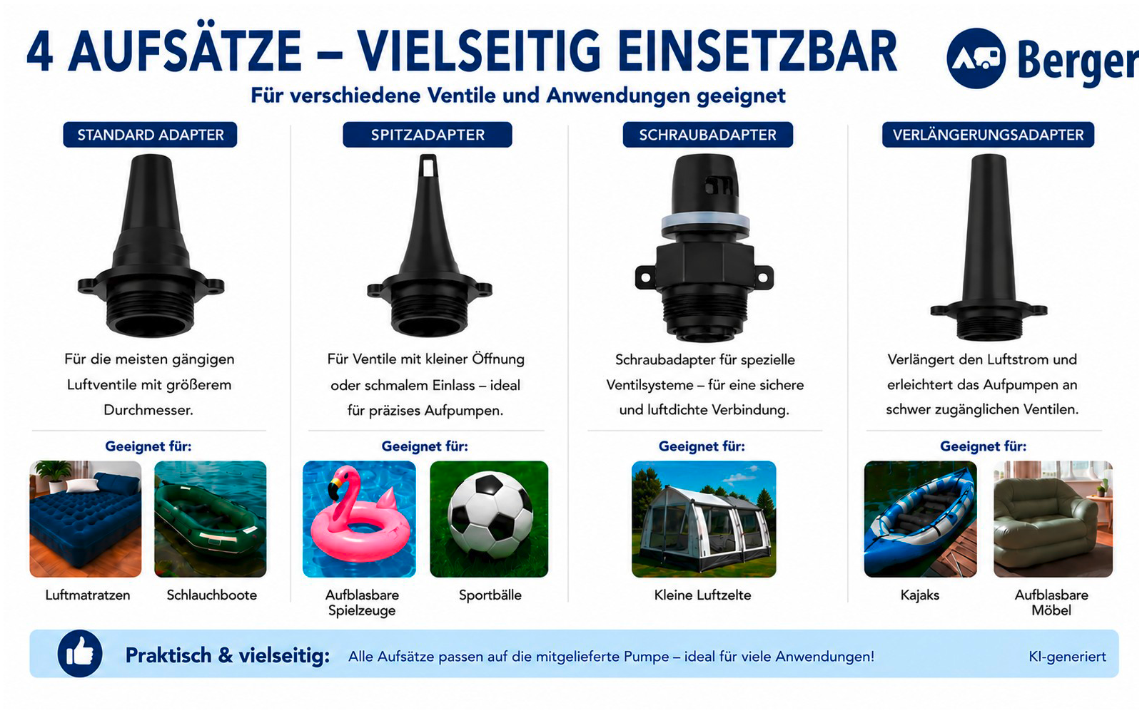 Graphic with the headline 4 AUFSÄTZE - VIELSEITIG EINSETZBAR, four black nozzle attachments side by side with blue labels; below are small photos of an air mattress, inflatable pool toys (flamingo and ring), a sports ball, and a kayak with an inflatable boat; blue logo at top right