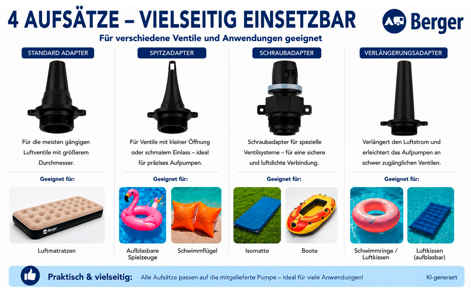 Grafik mit Überschrift "4 Aufsätze - vielseitig einsetzbar", Markenlogo "Berger", vier schwarzen Aufsätzen nebeneinander beschriftet "Standardadapter", "Spitzadapter", "Schraubadapter", "Verlängerungsadapter" und kleinen Fotos darunter von Luftmatrat