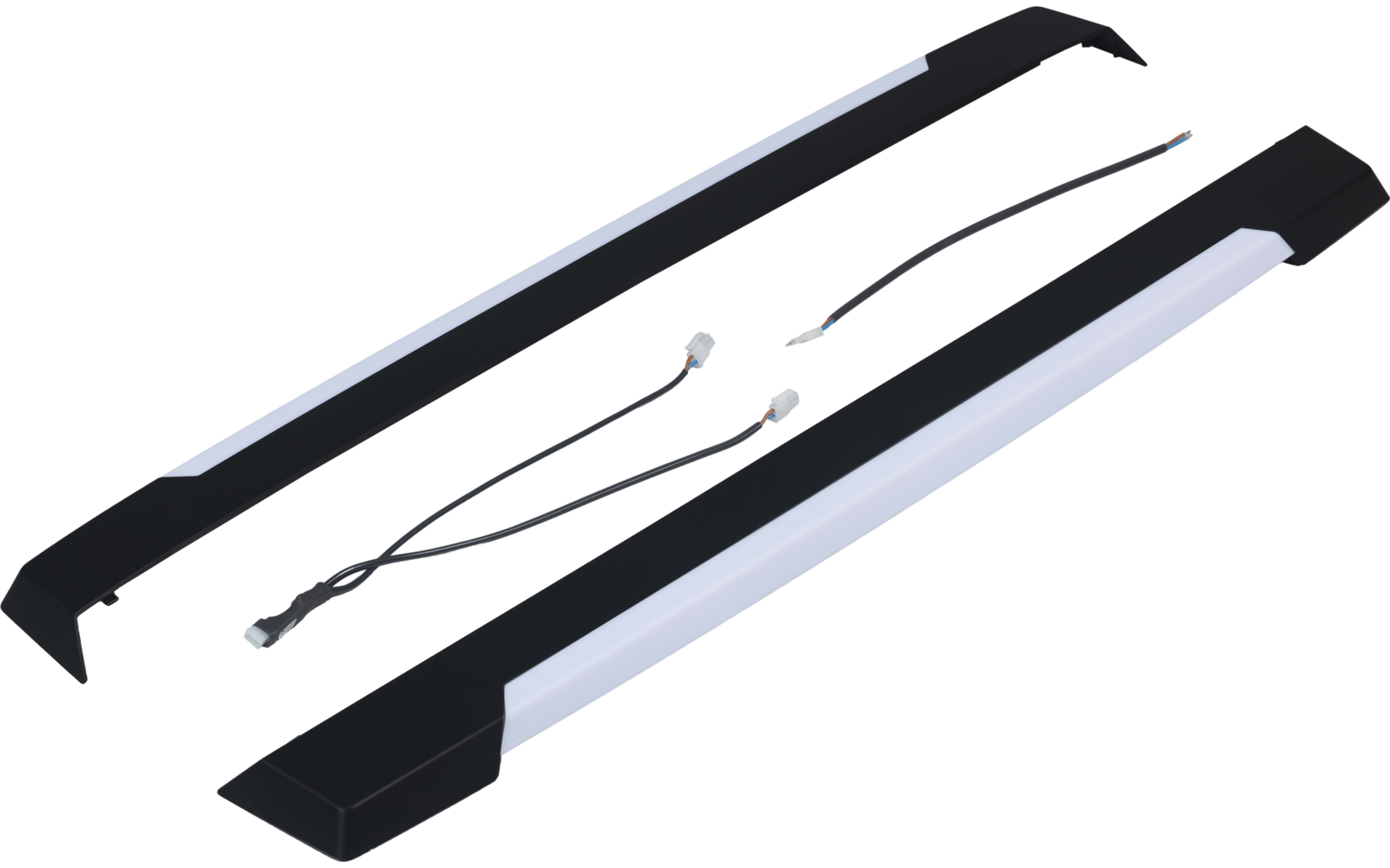 Two elongated black bars with white panels and two thin cables with connectors