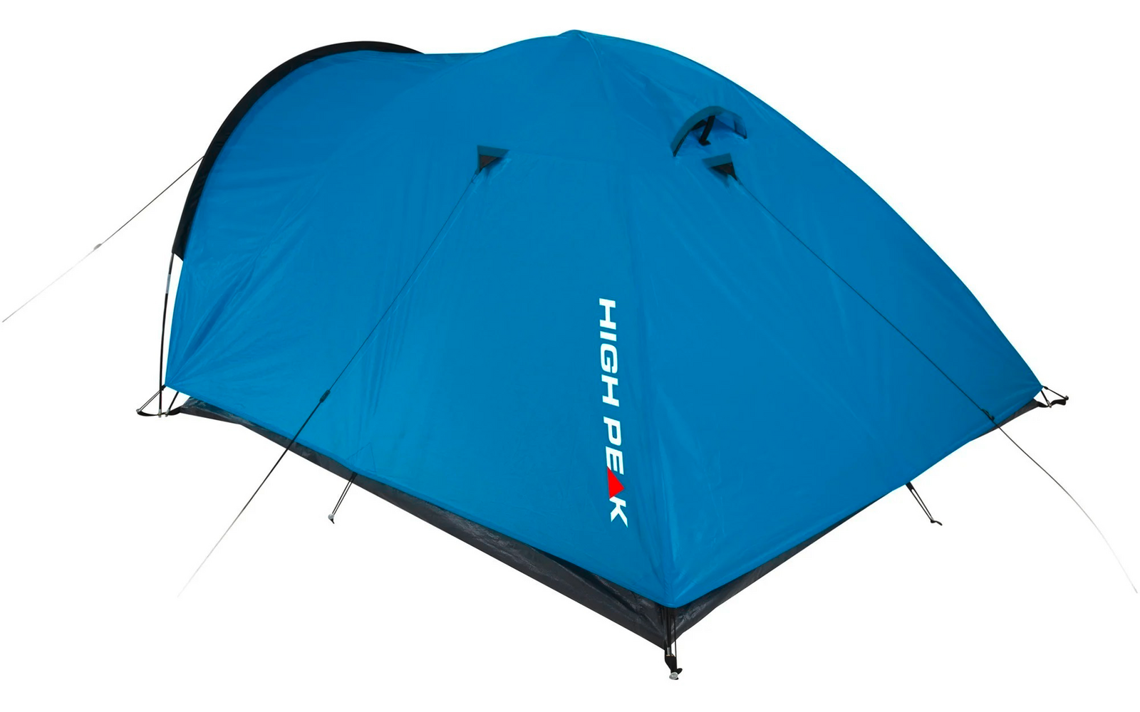 Blaues Campingzelt mit aufgestellten Gestänge und Abspannleinen auf weißem Hintergrund