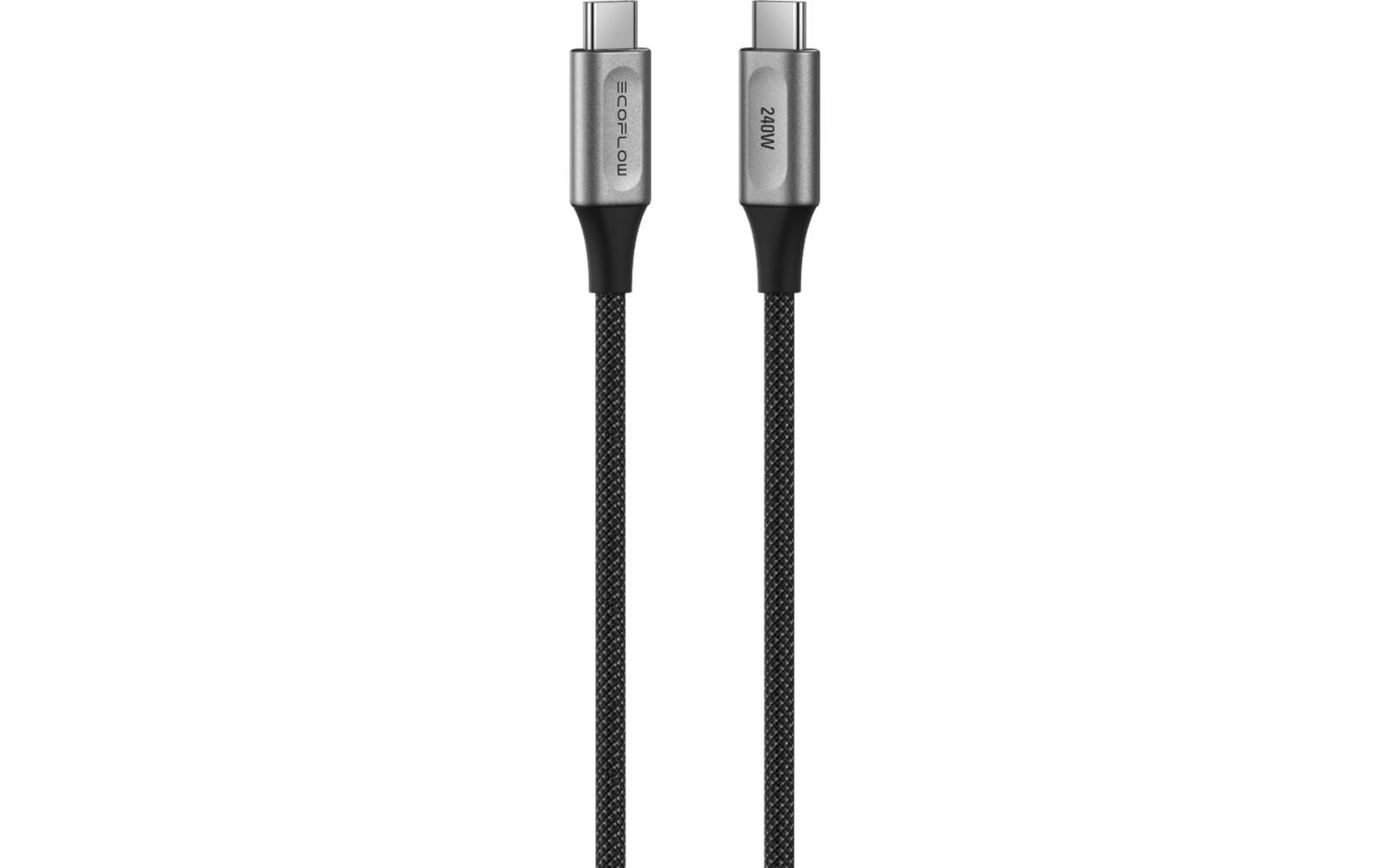 Schwarzes USB-C Kabel mit silbernen Steckern an beiden Enden