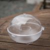 Transparente Plastikhaube auf weißem Teller, steht auf Holztisch