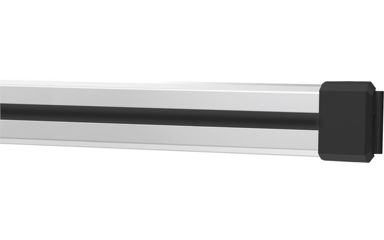 Silberne Aluminiumleiste mit zwei schwarzen Parallelstreifen und schwarzer rechteckiger Endkappe rechts