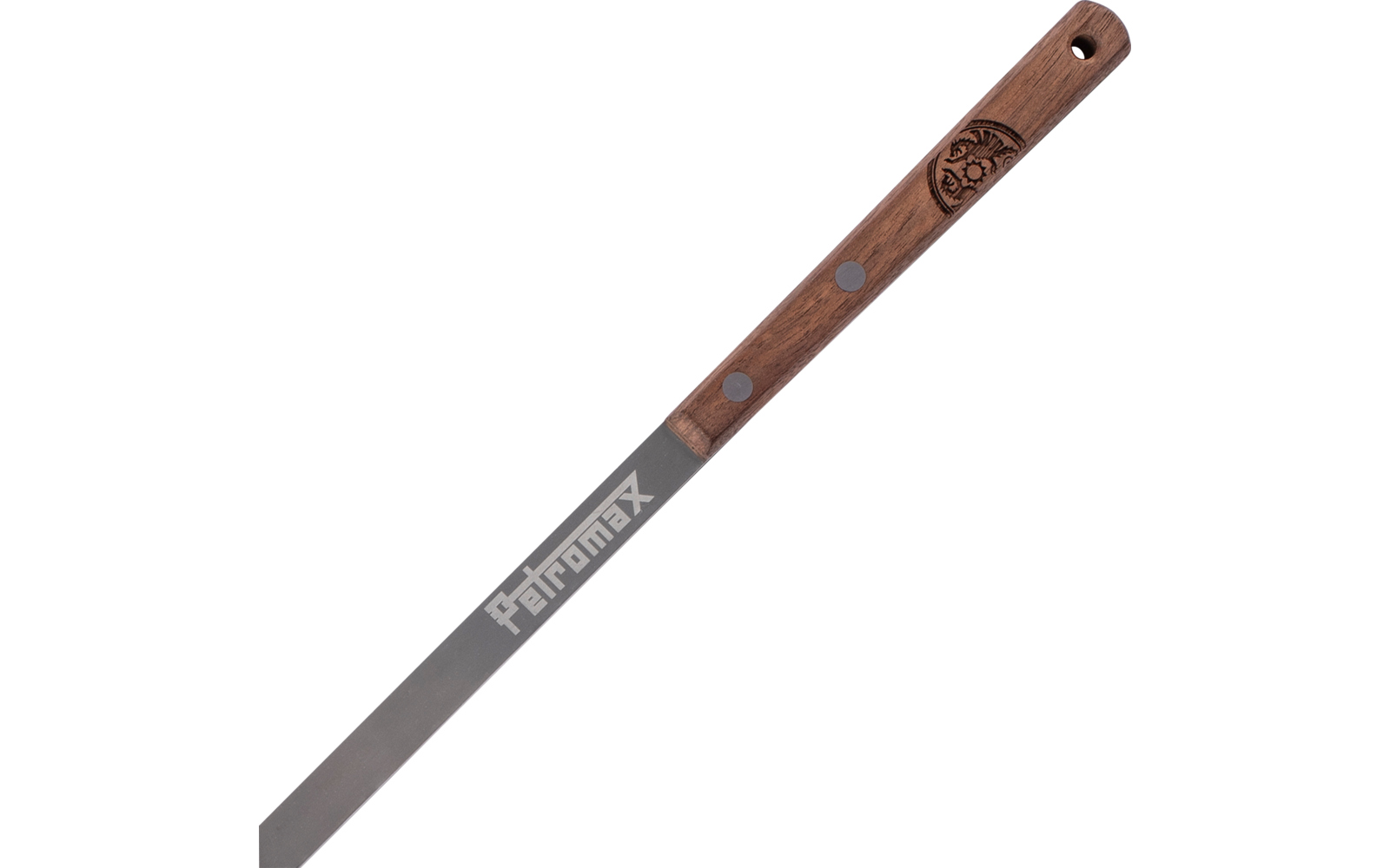 Metallstange mit aufgedrucktem "Petromax"-Schriftzug, Holzgriff mit zwei Nieten, Loch im Griff und eingeprägtem Logo