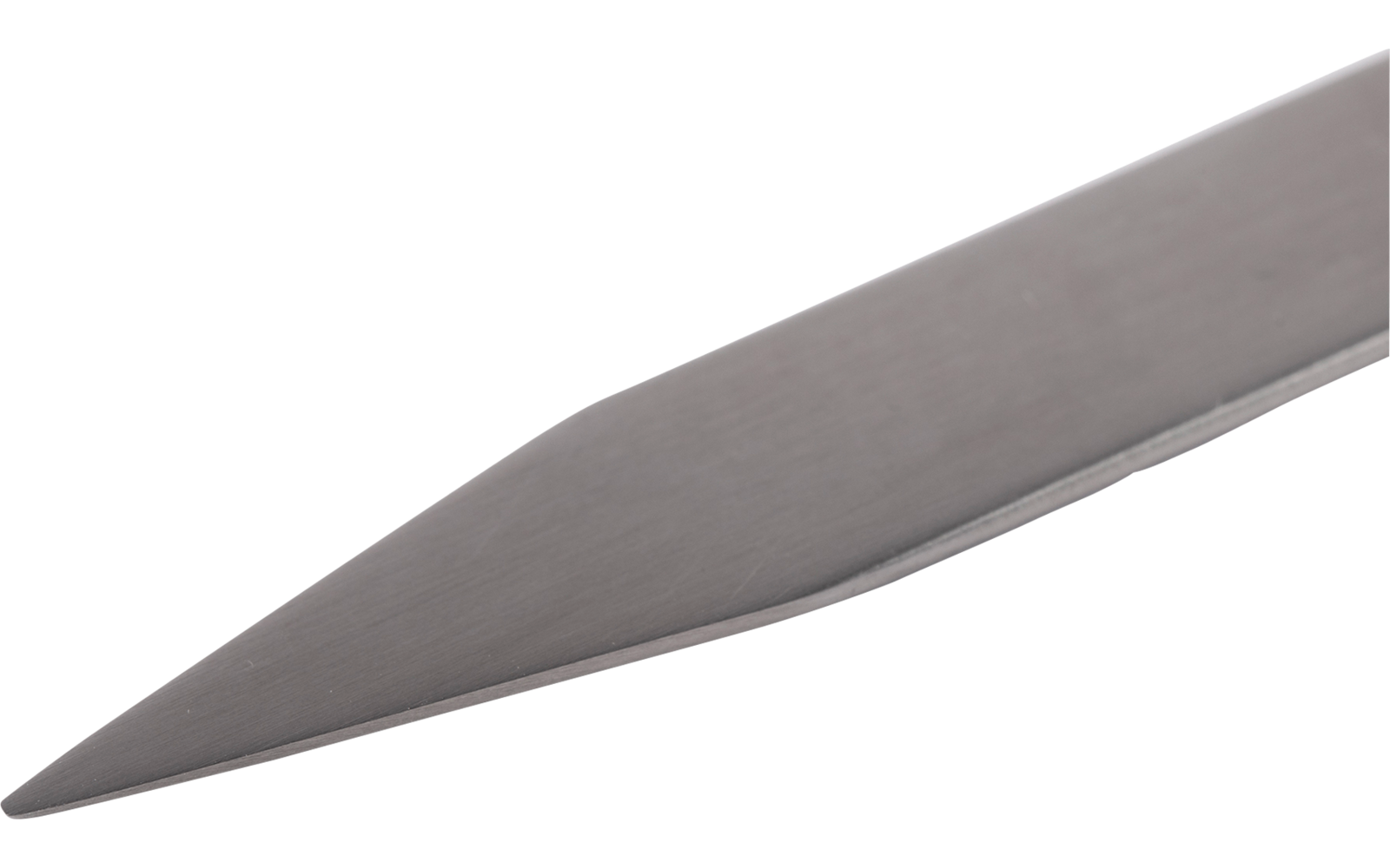 Nahaufnahme der Spitze einer silbernen Metallklinge auf weißem Hintergrund