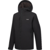 Schwarze Kapuzenjacke mit mittigem Reißverschluss, zwei vorderen Reißverschlusstaschen, kleinen weißen Logos auf Brust und Ärmel, Kapuze mit dunklem Innenfutter