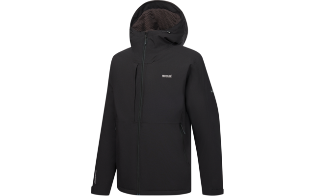 Schwarze Kapuzenjacke mit mittigem Reißverschluss, zwei vorderen Reißverschlusstaschen, kleinen weißen Logos auf Brust und Ärmel, Kapuze mit dunklem Innenfutter