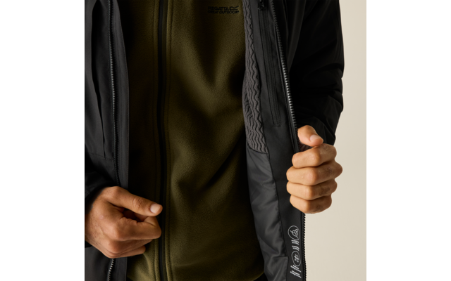 Torso einer Person, schwarze Jacke geöffnet, darunter olivgrüner Fleece; beide Hände halten Jackenkanten, sichtbare Reißverschlussleiste