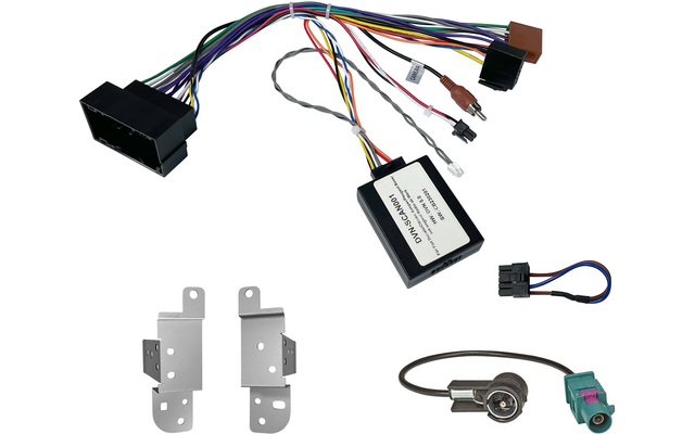 Mehradriges Kabelbündel mit bunten Drähten und Steckern, kleines schwarzes rechteckiges Modul mit weißem Etikett, zwei silberne Metallhalterungen und zwei kurze Adapterkabel