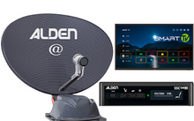 Parabolschüssel mit Aufdruck 'ALDEN' und '@', LNB-Halterung, Empfängerbox mit Aufschrift 'ALDEN' und Display 'ASTRA 19E', Fernseherbild mit Smart-TV-Menü, App-Symbolen und 'SMART TV'-Logo