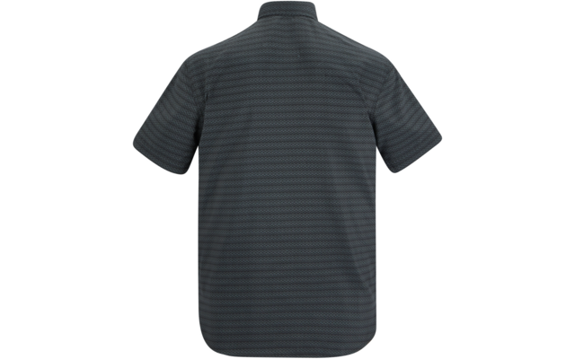 Rückansicht eines dunkelgrauen kurzärmligen Poloshirts mit Stehkragen und horizontalem Streifenmuster