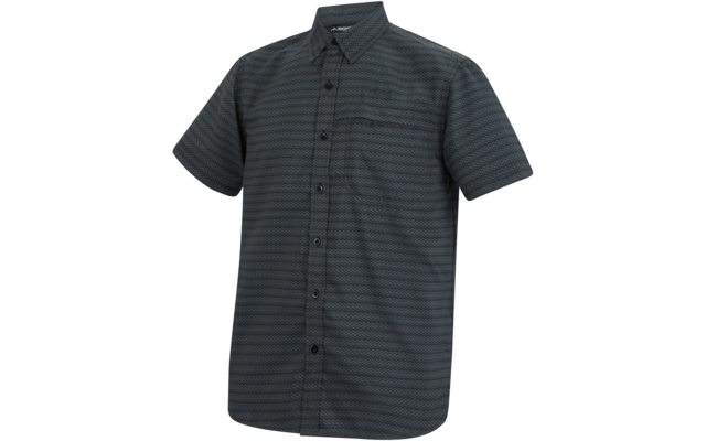 Dunkelgraues, kurzärmliges Hemd mit Kragen, durchgehender Knopfleiste, Brusttasche und feinem horizontalen Muster