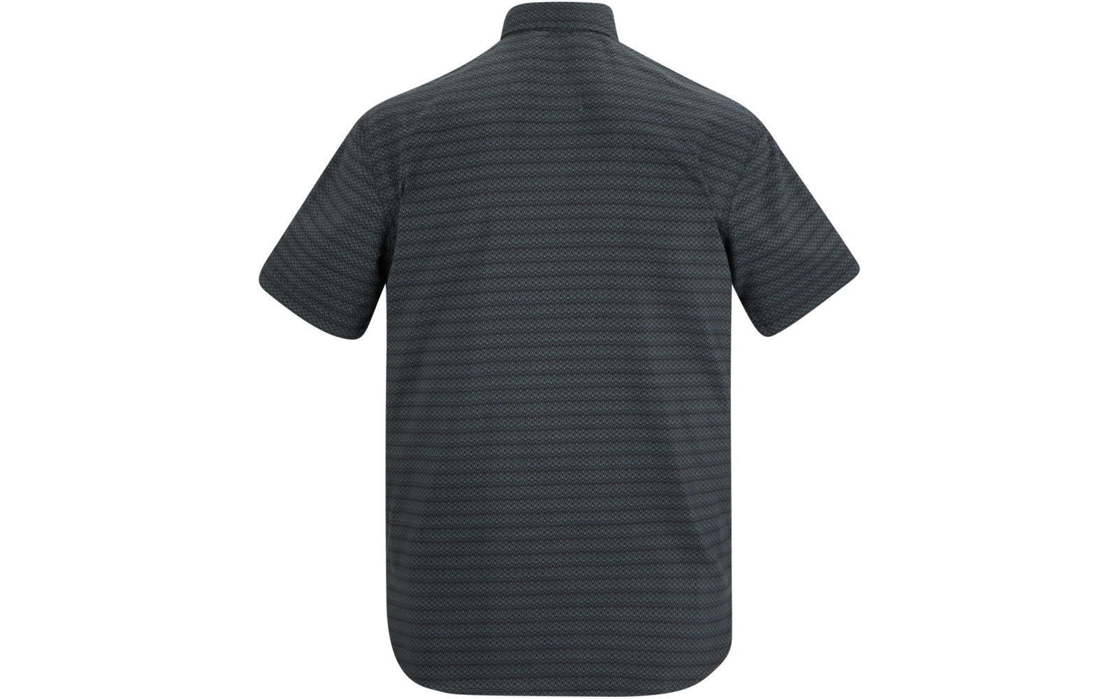 Rückansicht eines dunkelgrauen kurzärmligen Poloshirts mit Stehkragen und horizontalem Streifenmuster